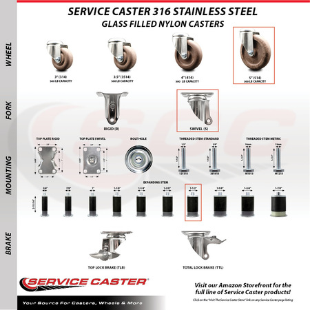 Service Caster 5 Inch 316SS High Temp Glass Filled Nylon 1-1/2 Inch Expanding Stem Caster SCC SCC-SS316EX20S514-GFNSHT-112